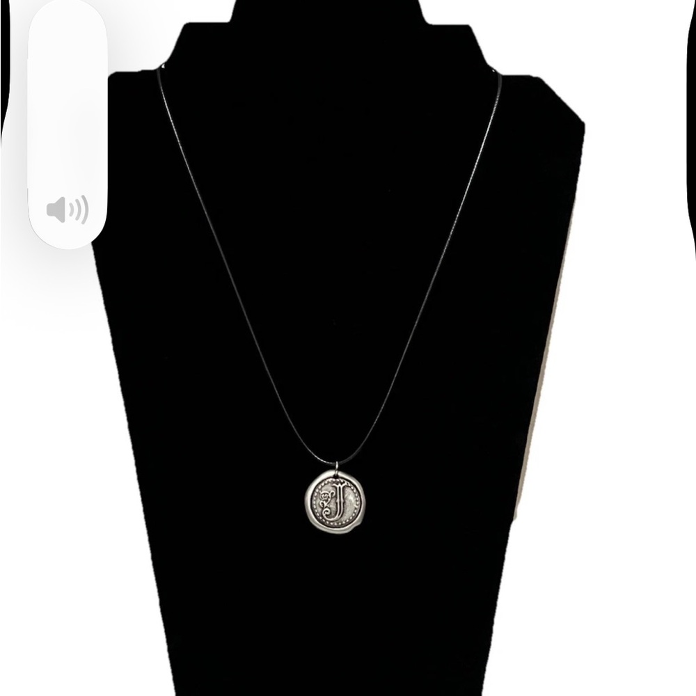 Pendant Wax Seal Style Silver Toned J Circle On Leather Cord